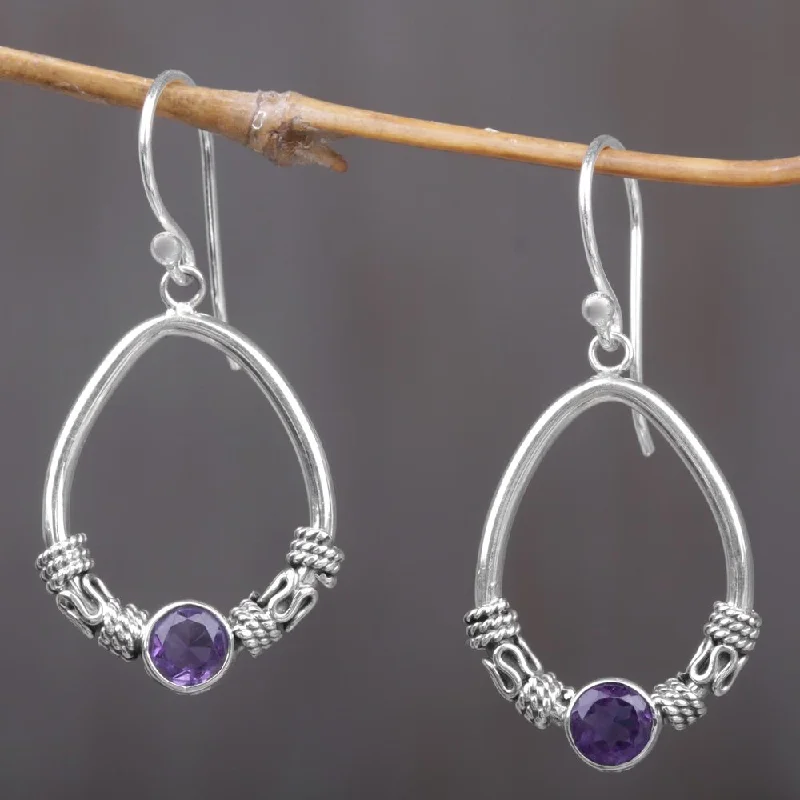 Large Drop Earrings for Statement -Handcrafted Sterling Silver 'Purple Karma Rings' Amethyst Earrings (Indonesia) - 18mm W * 38mm L