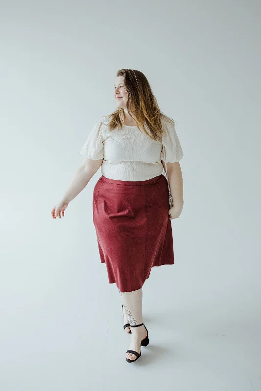 Plus size dresses with wide belts define waists -Sandals with platform heels -Plus size dresses with a belt -STRETCHY FAUX SUEDE A-LINE SKIRT IN MULLED WINE