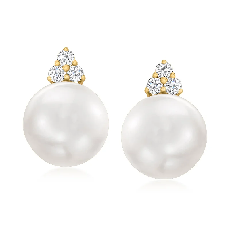 Drop Earrings with Crown Designs -Ross-Simons 8.5-9mm Cultured Pearl and . Diamond Drop Earrings in 14kt Yellow Gold