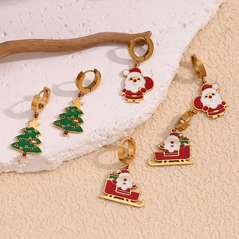 Drop Earrings for Everyday Glamour -Wholesale Cute Cartoon Santa Claus Oil Dripping Stainless Steel 18K Gold Plated Sleigh Christmas Tree Earrings