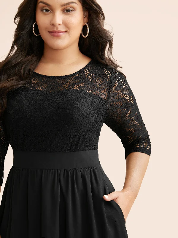 Plus size dresses for cold seasons warm up -Sandals with perforated designs -Plus size dresses with floral embroidery -Lace Patchwork Shirred Midi Pocket Dress