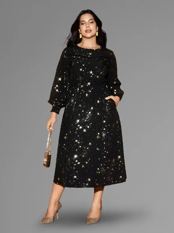 Plus size dresses with timeless charm stay chic -Women's sandals with stylish embellishments -Plus size dresses for family portraits -Star Printed Lace Neckline Midi Dress