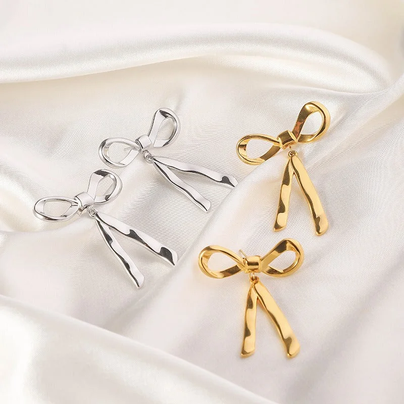 Drop Earrings for Wellness Routine -Wholesale Retro Mirror Three-dimensional Butterfly Bow Stainless Steel 18k Real Gold Titanium Steel Earrings