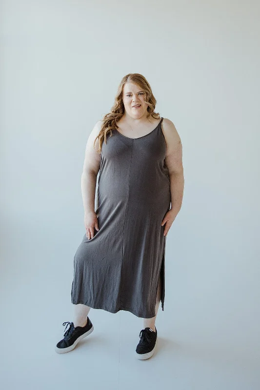 Plus size dresses with comfy flows feel gentle -Sandals with wide toe straps -Plus size dresses for plus size teens -MIDI LENGTH SLIP DRESS IN ASH GREY