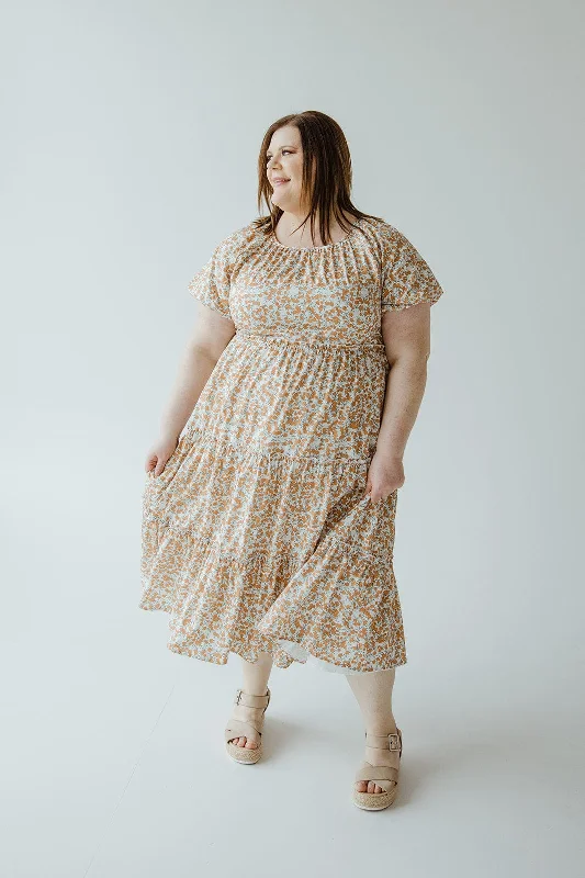 Plus size dresses with soft linings pamper skin -Summer sandals with heels -Plus size formal dresses -VINTAGE FLORAL PRINT MIDI LENGTH DRESS IN PAPAYA