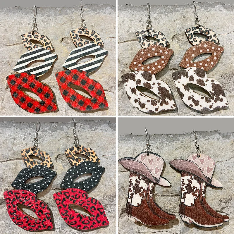 Animal Print Drop Earrings for Fun -Wholesale Valentine's Day Lip Colorblock Western Cowboy Boots Leopard Print Earrings