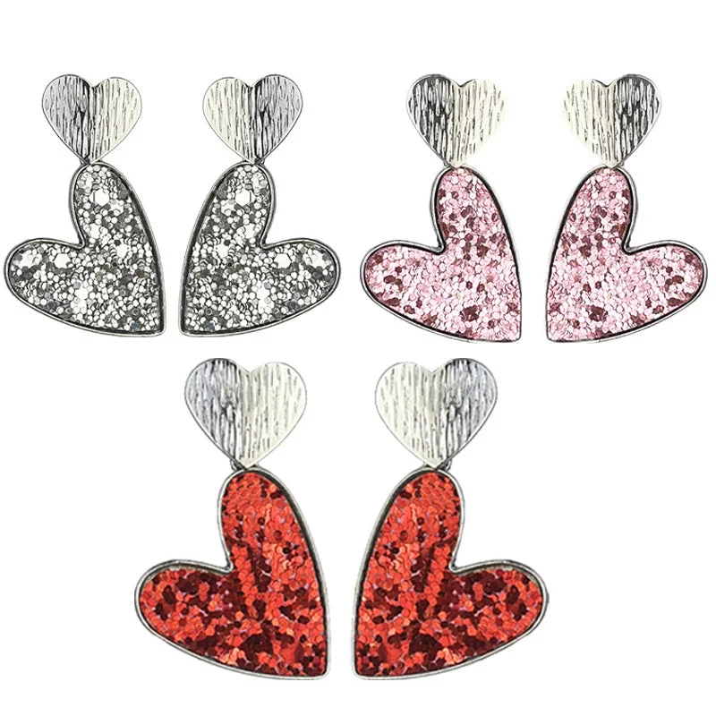 Lightweight Drop Earrings for All Day -Wholesale 2pcs Valentine's Day Double Heart Symmetrical Multicolor Shiny Atmosphere Leather Metal Earrings