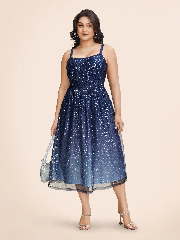 Plus size dresses featuring polka dots feel playful -Sandals with Velcro straps -Plus size dresses for spring -Ombre Glitter Mesh Cami Midi Dress