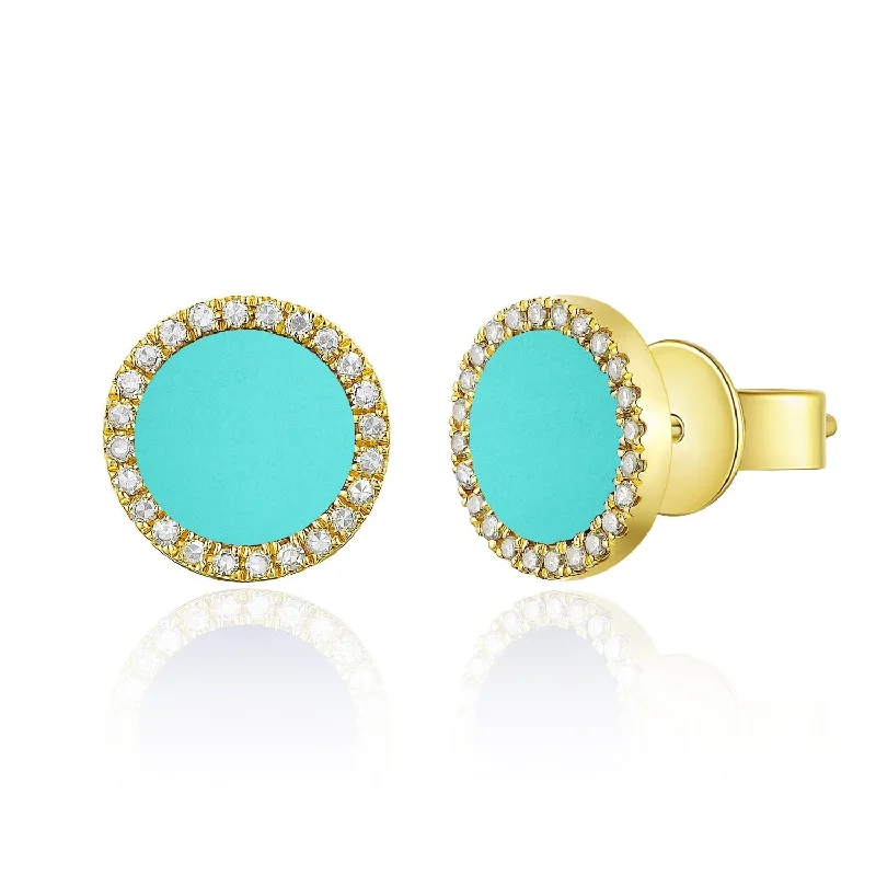 Drop Earrings for Mother's Day -Joelle Collection Diamond & Turquoise Circle Disc Studs Earrings 14K Gold 1/10ct TDW