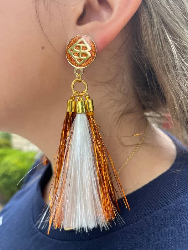 Drop Earrings for Birthday Celebration -Metallic Jumbo Tassel Earrings In Orange And White