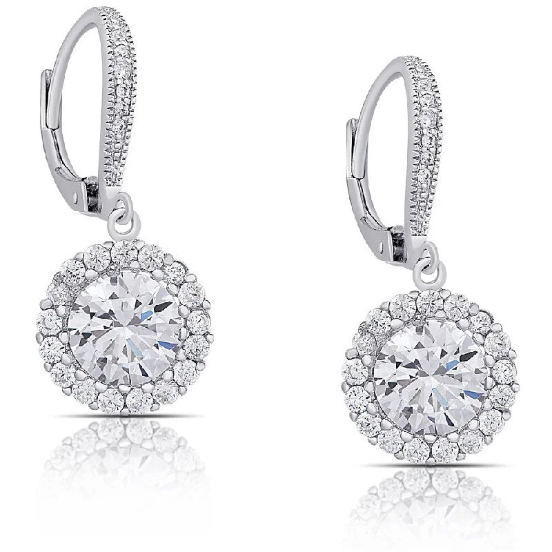 Rhinestone Drop Earrings for Sparkle -Dolce Giavonna Sterling Silver Cubic Zirconia Halo Design Leverback Earrings