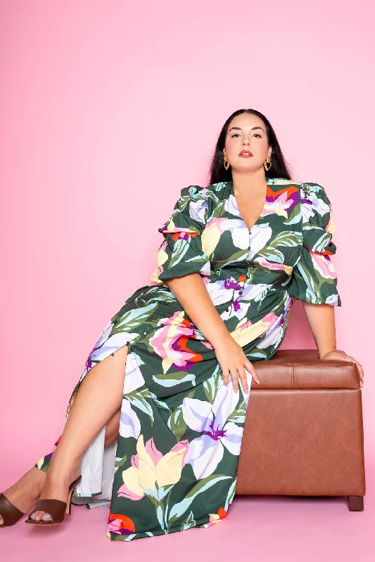 Plus size dresses with elastic waists stretch easily -Luxury sandals for women -Plus size dresses for full figure women -Floral Puff Sleeve Button Up Dress