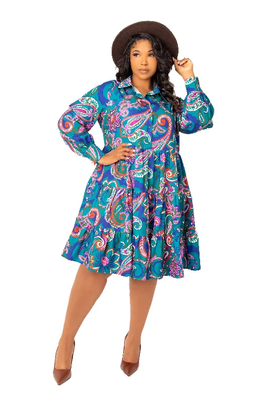 Plus size dresses for bold outfits match well -Sandals for urban walking tours -Plus size dresses with open neckline -Floral Long Sleeve Tiered Shirt Dress