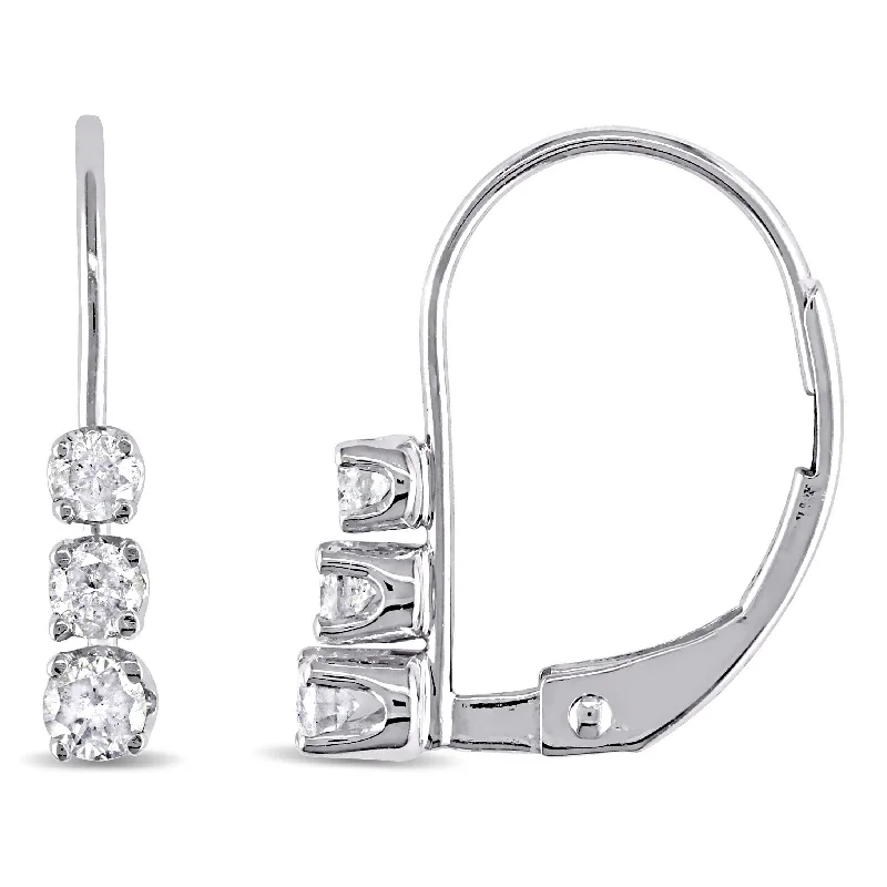 Drop Earrings for Office Wear -Mimi & Max 1/4ct TW 3 Stone Diamond Leverback Earrings in 14k White Gold