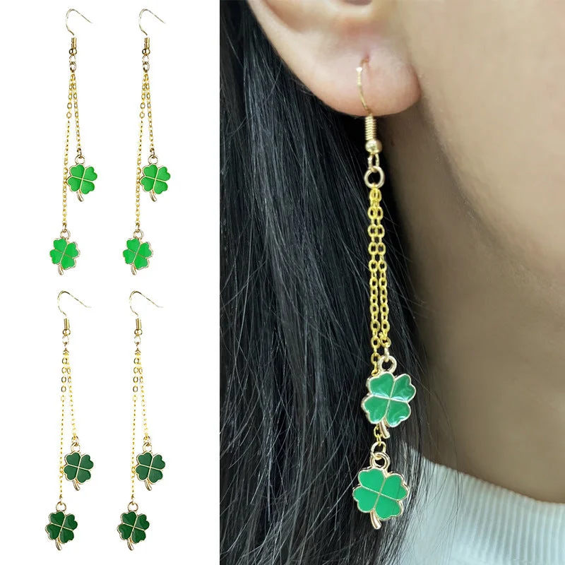 Punk Drop Earrings with Spikes -Wholesale St. Patrick's Clover Four-leaf Clover Lucky Chain Pendant Metal Fashion Earrings