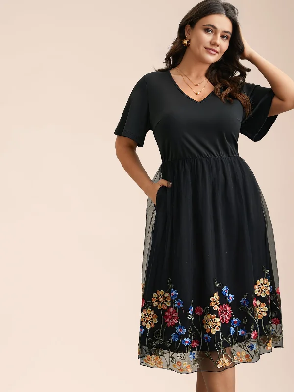 Plus size dresses featuring beaded hems are ornate -Sandals with cushioned footbeds for comfort -Plus size dresses for cocktail hour -Floral Embroidered Hem Stretchy-Waist Pockets Midi Dress