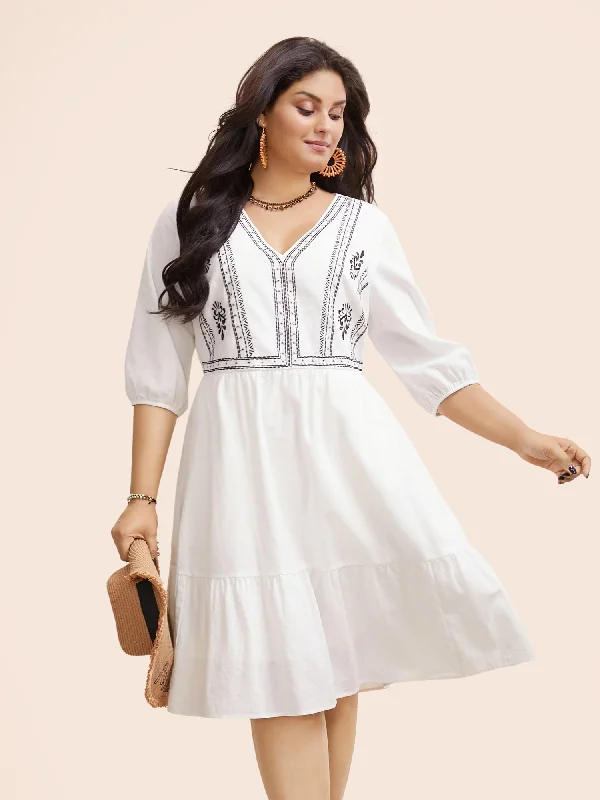 Plus size dresses featuring striped patterns are fresh -Sandals for women with swollen feet -Plus size dresses for dressy casual wear -Boho Embroidered Elastic Waist Lantern Sleeve Dress