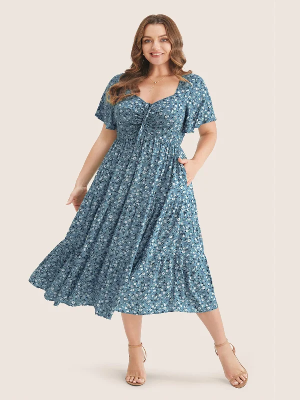 Plus size dresses for wet weather stay dry -Sandals with cushioned footbeds for comfort -Plus size dresses for cocktail hour -Ditsy Floral Drawstring Ruched Pocket Ruffle Tiered Dress