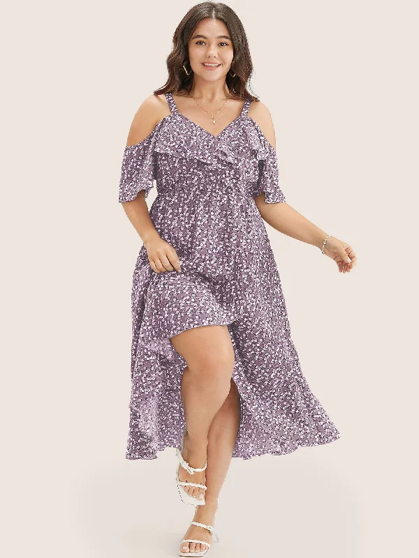 Plus size dresses featuring velvet textures feel plush -Sandals with stylish ankle straps -Plus size dresses for large bust -Ditsy Floral Pocket Wrap Cold Shoulder Ruffle Dress