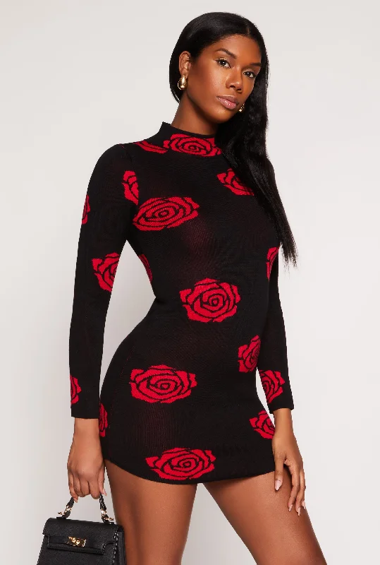 Plus size dresses with fitted bodices shape beautifully -Sandals with heel support -Plus size dresses with velvet fabric -Rose Print Mini Sweater Dress