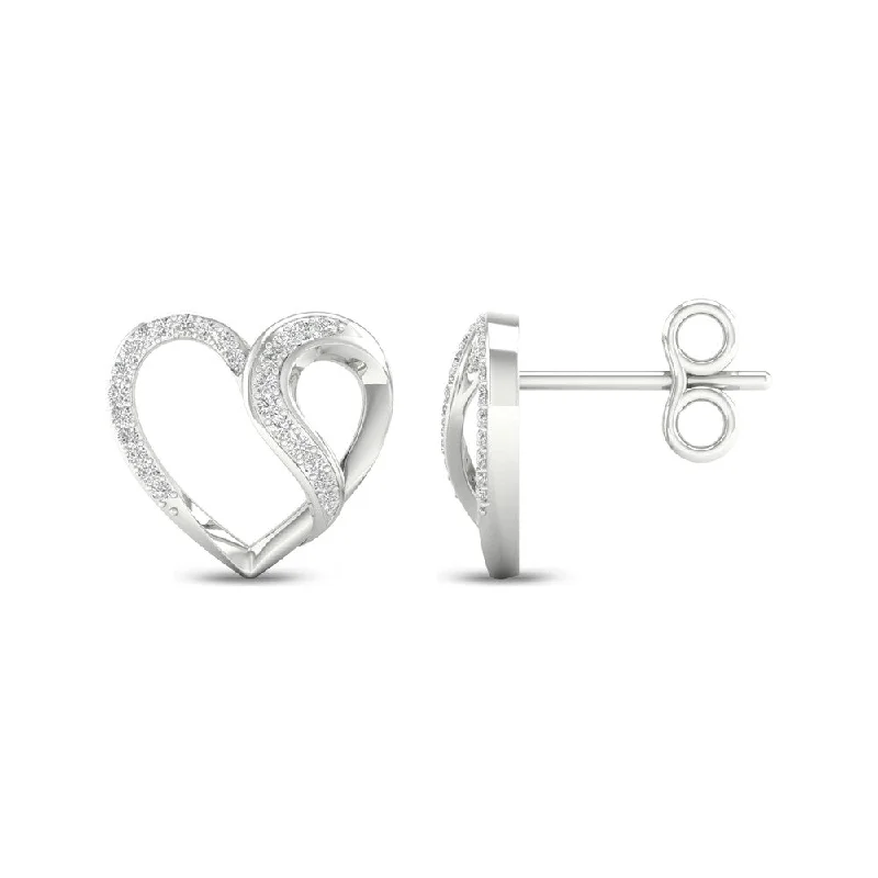 Drop Earrings for Evening Gown -1/6ct TDW Diamond Heart Earrings in Sterling Silver by De Couer - White