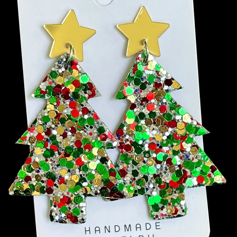 Long Drop Earrings for Dramatic -Wholesale Christmas Tree Large Glitter Multi-color Festive Atmosphere Party Exaggerated Earrings