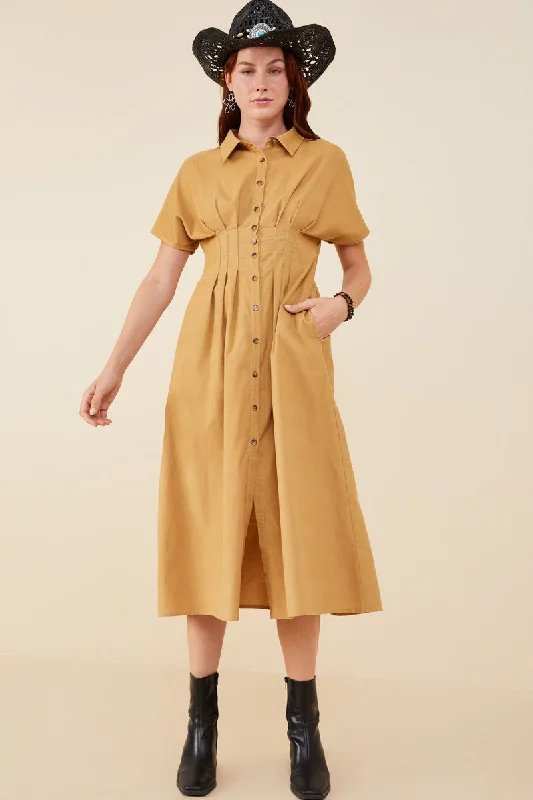 Plus size dresses featuring boho vibes are chic -Sandals with decorative buckles -Plus size dresses for curvy body types -Pintucked Waist Button Up Corduroy Dress