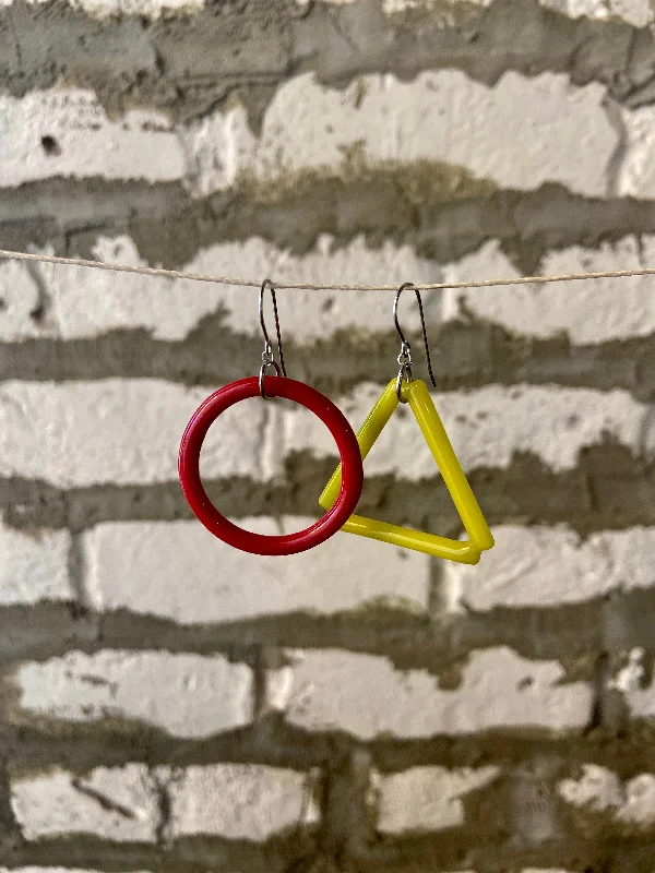 Drop Earrings for Everyday Glamour -Mismatched Triangle + Circle Glass Earrings