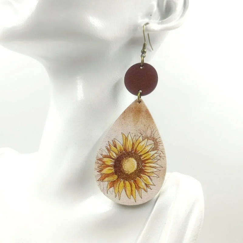 Drop Earrings with Polished Shine -Wholesale Western style Wooden Printing Retro Sunflower Tauren Earrings