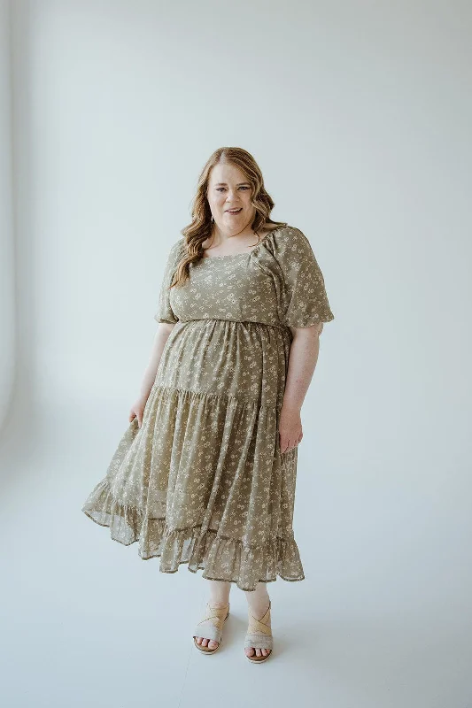 Plus size dresses with wrap fronts fit well -Sandals with toe protection -Plus size dresses with bold prints -BUBBLE SLEEVE MIDI LENGTH FLORAL DRESS IN MATCHA