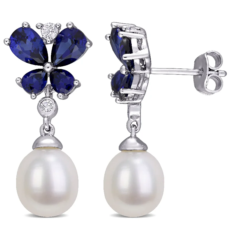 Drop Earrings for Work Attire -Mimi & Max 8-8.5mm Cultured Freshwater Pearl Created Blue & White Sapphire Butterfly Earrings in Sterling Silver