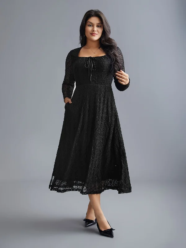 Plus size dresses for everyday wear stay tough -Slip-on sandals for easy wear -Plus size dresses for laid-back looks -Lace Panel Square Neck Tie Knot Dress