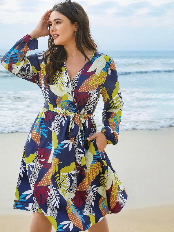 Plus size dresses for stylish looks stay cool -Sandals with padded straps -Plus size dresses for elegant occasions -Surplice Neck Tropical Leaf Pockets Midi Dress