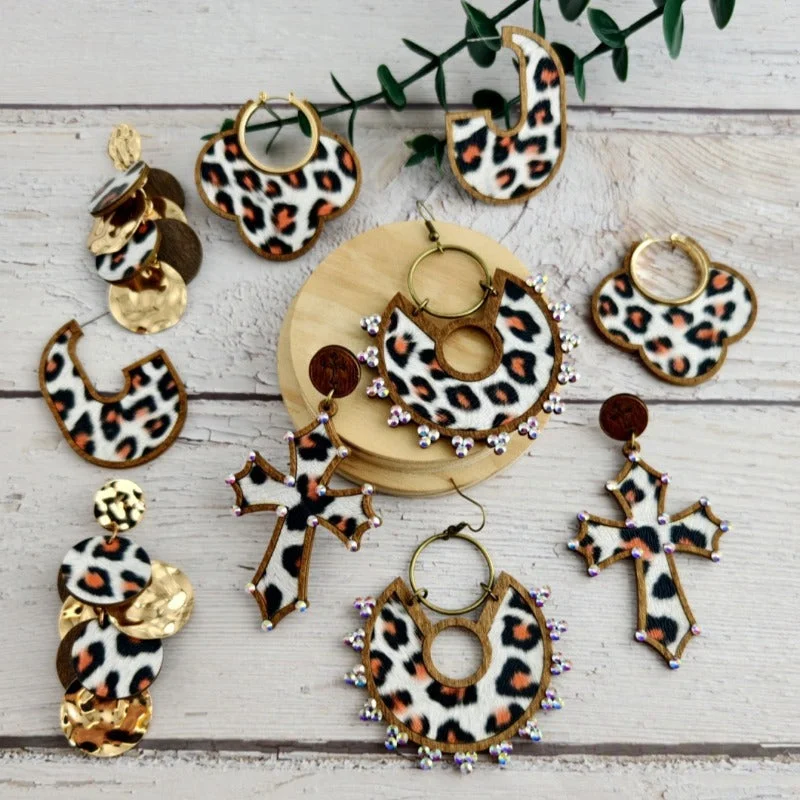 Drop Earrings with Vine Designs -Wholesale Wooden Cut Double-layer Skin Leopard Print Exaggerated Retro Personality Grape String Earrings