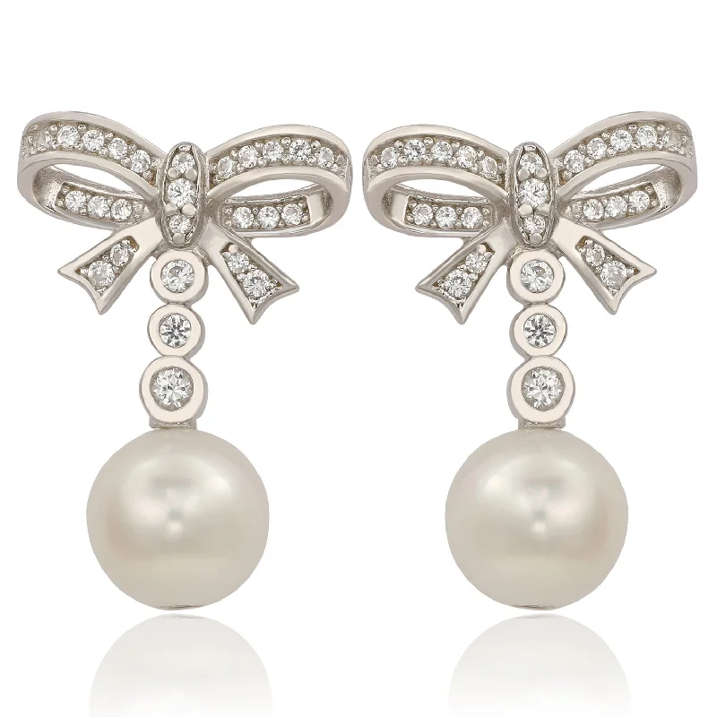 Studded Drop Earrings with Gemstones -Suzy Levian Sterling Silver Pearl & White Sapphire Bow Earrings