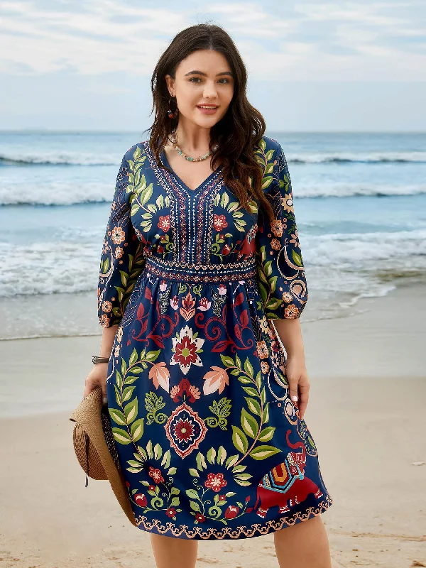 Plus size dresses for cold seasons warm up -Sandals with rhinestones or embellishments -Plus size dresses for graduation -Boho Print V-Neck Pockets Midi Dress