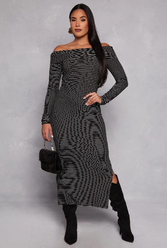 Plus size dresses with asymmetrical hems look modern -Sandals with buckle closures -Plus size dresses with tiered skirts -Almost Famous Striped Off the Shoulder Maxi Dress