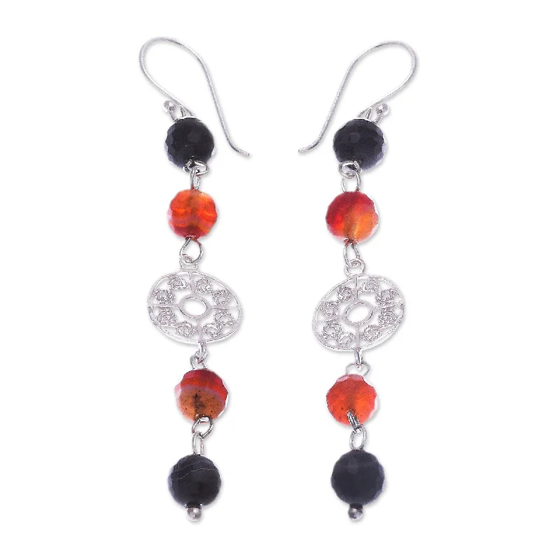 Hippie Drop Earrings with Beads -Novica Handmade Filigree Day Carnelian And Onyx Dangle Earrings