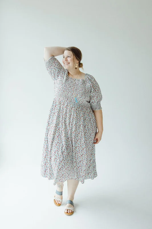 Plus size dresses with durable fabrics endure wear -Women's sandals with floral accents -Plus size dresses with decorative buttons -SMOCKED BODICE MIDI-LENGTH DRESS IN INDEPENDENCE