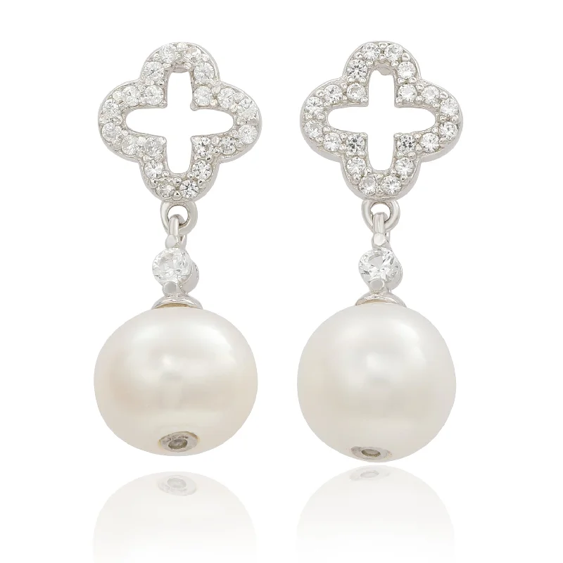 Drop Earrings for Casual Outfit -Suzy Levian Sterling Silver Clover White Sapphire and Cultured Pearl Earrings