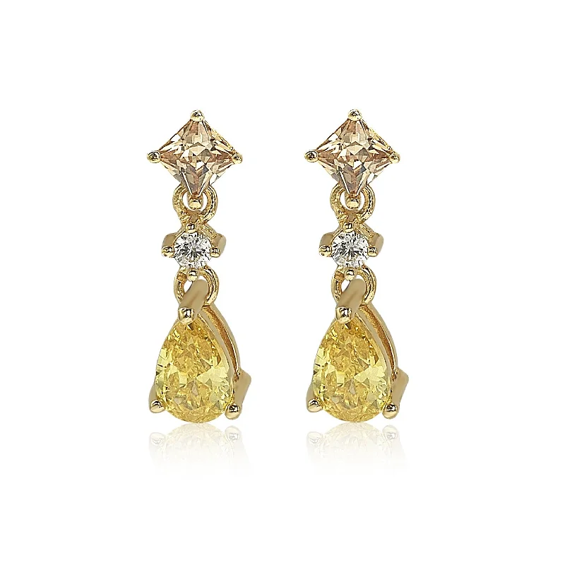 Drop Earrings with Debossed Designs -Suzy Levian Golden Sterling Silver Cubic Zirconia Dangle Earrings