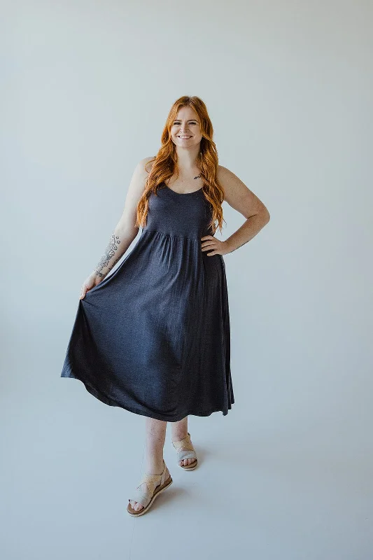 Plus size dresses with high necklines look refined -Women's sandals with arch support -Plus size maxi dresses -STRAPPY T-SHIRT MAXI DRESS IN HEATHERED NAVY