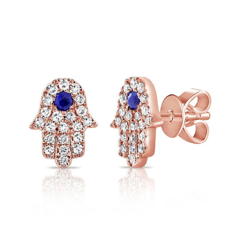 Drop Earrings with Etched Designs -Joelle Collection Diamond & Sapphire Hand Hamsa Studs Earrings 14K Gold 1/8 ct. TDW