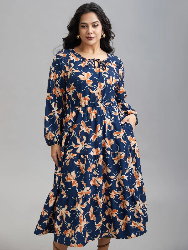 Plus size dresses featuring sequined tops glitter bright -Sandals with Velcro straps -Plus size dresses for spring -Tropical Flower Print Pockets Waist-Tie Midi Dress