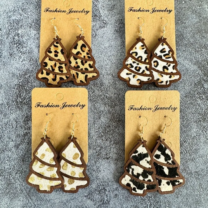 Drop Earrings with Leaf Motifs -Wholesale Genuine Leather Christmas Tree Leopard Print Horse Hair Wood Inlay Cowhide Lightweight Western Earrings